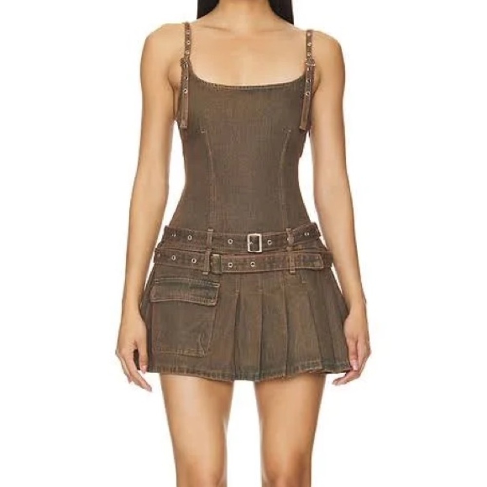 Zara Brown Mini Dress with Belted Pleated Skirt